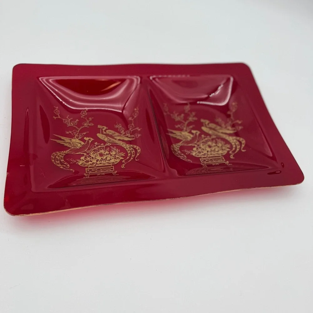 Vintage Ruby Red Acrylic Divided Trinket Tray Gold Peacock Chinoiserie Decor MCM